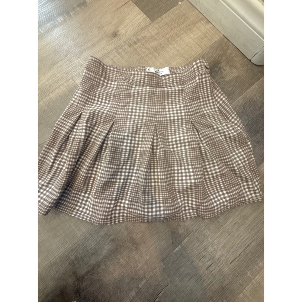 Hollister Ultra High-Rise Pleated Gingham Mini Skirt - Tan/Brown - Size M